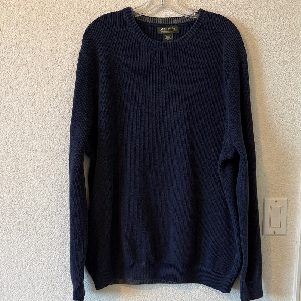 Eddie Bauer 100% Cotton Navy Blue Sweater w/Gray Accents, size Large Tall